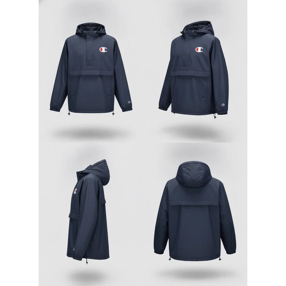 Champion Mens Packable Anorak Windbreaker Jacket Navy Blue Pullover Big C Logo